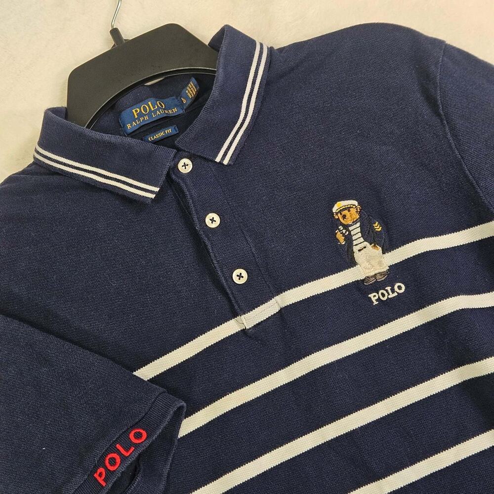 Ralph Lauren Polo Shirt Mens Large Polo Nautical Bear Logo Blue White Striped